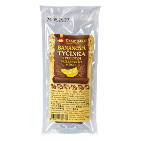 Tyčinka BANÁNOVÁ s pečeným bezlepkovým müsli - Damodara 50g