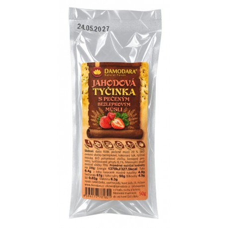 Tyčinka JAHODOVÁ s pečeným bezlepkovým müsli - Damodara 50g
